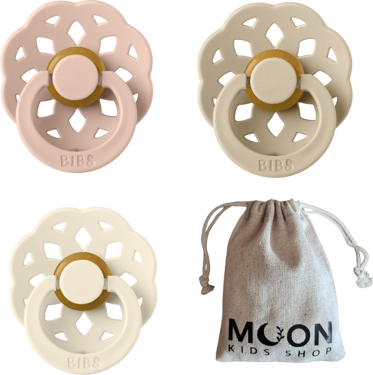 Goedkoopste BIBS Boheme set | Ivory, Blush en Vanilla | Met speenzakje Moon Kids Shop | Maat 2 | Leeftijd 6 tot 18 maanden