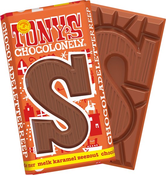 Tony's Chocolonely Chocolade Letter S - Karamel Zeezout Melkchocolade Reep - Sinterklaas Cadeau - Schoencadeautje Sint - Fairtrade Belgische Chocolade - 180 Gram