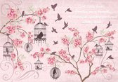 Fotobehang - Vlies Behang - Vogelkooien, Vogels en Bloemen - Roze - 254 x 184 cm