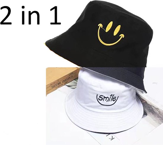 Reversible bucket hat - vissershoedje - zonnehoed - smiley - zwart/wit - omkeerbaar - Gele smiley