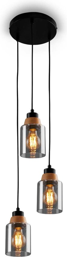 BRILONER - ROYK - Lampe suspendue à 3 lumières, verre fumé, plafonnier, lampe, lampe de salon, abat-jour en verre fumé, lampe suspendue, lustre, lampe de chambre, bois noir
