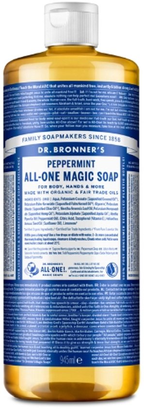 Dr. Bronner's All-One Magic Soap Pepermunt fles van 945 ml, met witte dop.