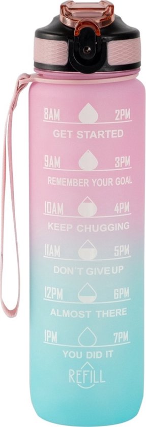 Motivatie Waterfles Roze/Blauw – Drinkfles met Rietje - motiverende tekst - motivatiewaterfles - drinkfles 1 liter - drinkfles