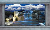 Fotobehang - Vlies Behang - 3D Blauwe Waterval Raamzicht - 254 x 184 cm
