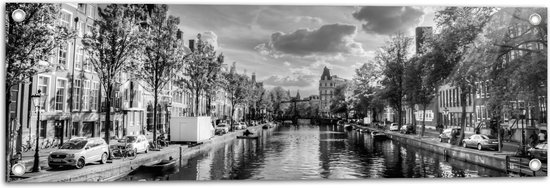 Tuinposter – Uitzicht over de Grachten van Amsterdam (Zwart-wit) - 90x30 cm Foto op Tuinposter (wanddecoratie voor buiten en binnen)