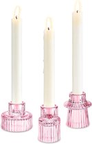 Theelichthouder kaarsenhouder 2-in-1 kandelaar glas - roze kristal decoratieve kaarsenhouder set van 3 voor staafkaarsen, theelichtjes, tafeldecoratie, woonkamer, bruiloft, feest, Kerstmis
