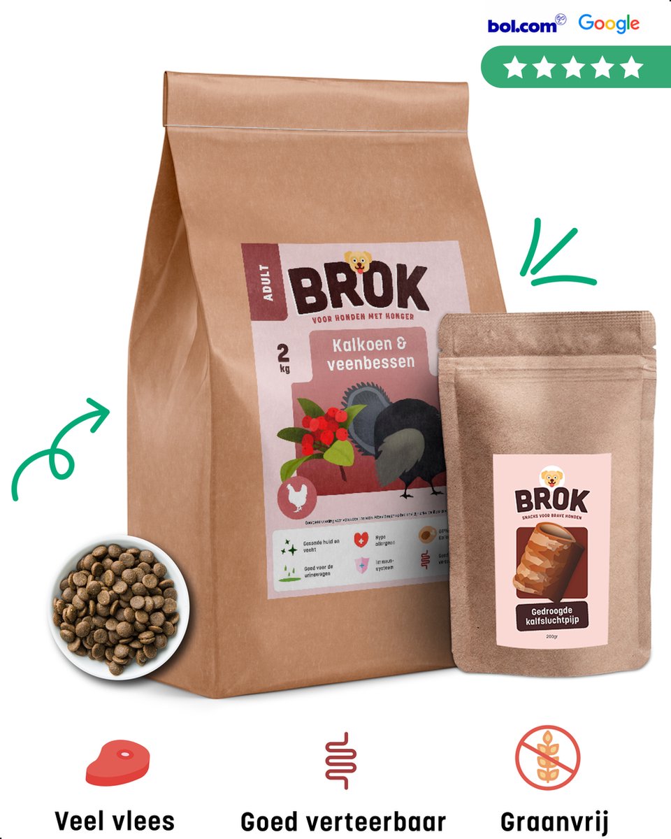 BROK Hondenbrokken Kalkoen & Veenbessen – Graanvrij en Gezond Hondenvoer – Proefpakket 2kg – Veel Vlees – Voor Kieskeurige Volwassen Honden