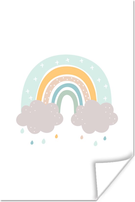 Poster voor kinderen - Kids wanddecoratie - Schilderij kinderen - Regenboog - Wolken - Regen - Kinderen - Pastel - 40x60 cm