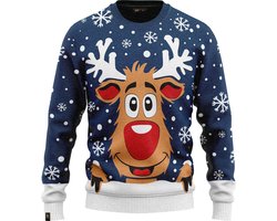 JAP Christmas Kersttrui (maat 4XL) - 100% Gerecycled - Kriebelt niet - Kerstcadeau volwassenen - Foute Kersttrui dames en heren XXXXL - Rudolf het Rendier - Donker blauw