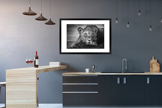Cadre photo avec affiche - Animaux sauvages - Lion - Nature - Zwart - Wit - 90x60 cm - Cadre pour affiche
