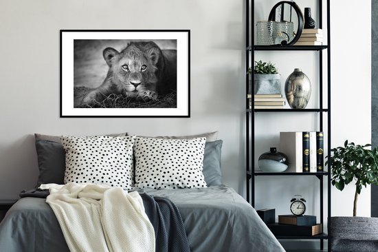 Cadre photo avec affiche - Animaux sauvages - Lion - Nature - Zwart - Wit - 90x60 cm - Cadre pour affiche
