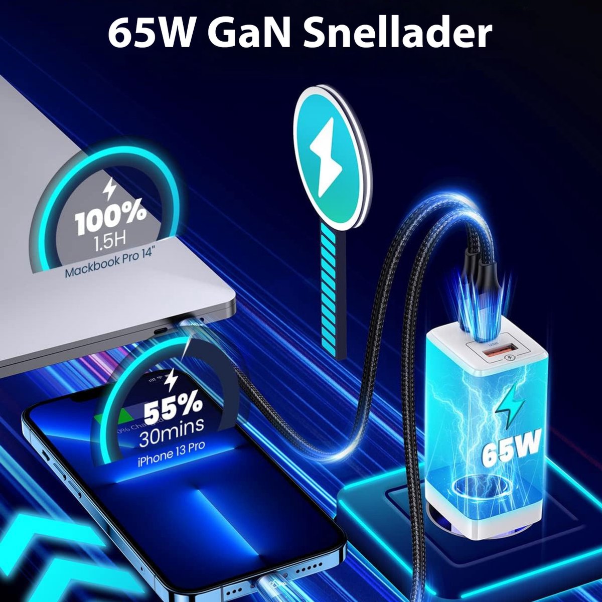 USB-adapterstekker - snellaadadapter | 65 W mobiele telefoon oplaadadapter met 3 poorten | USB-wandlader laadblok voor thuis, 100-240 V
