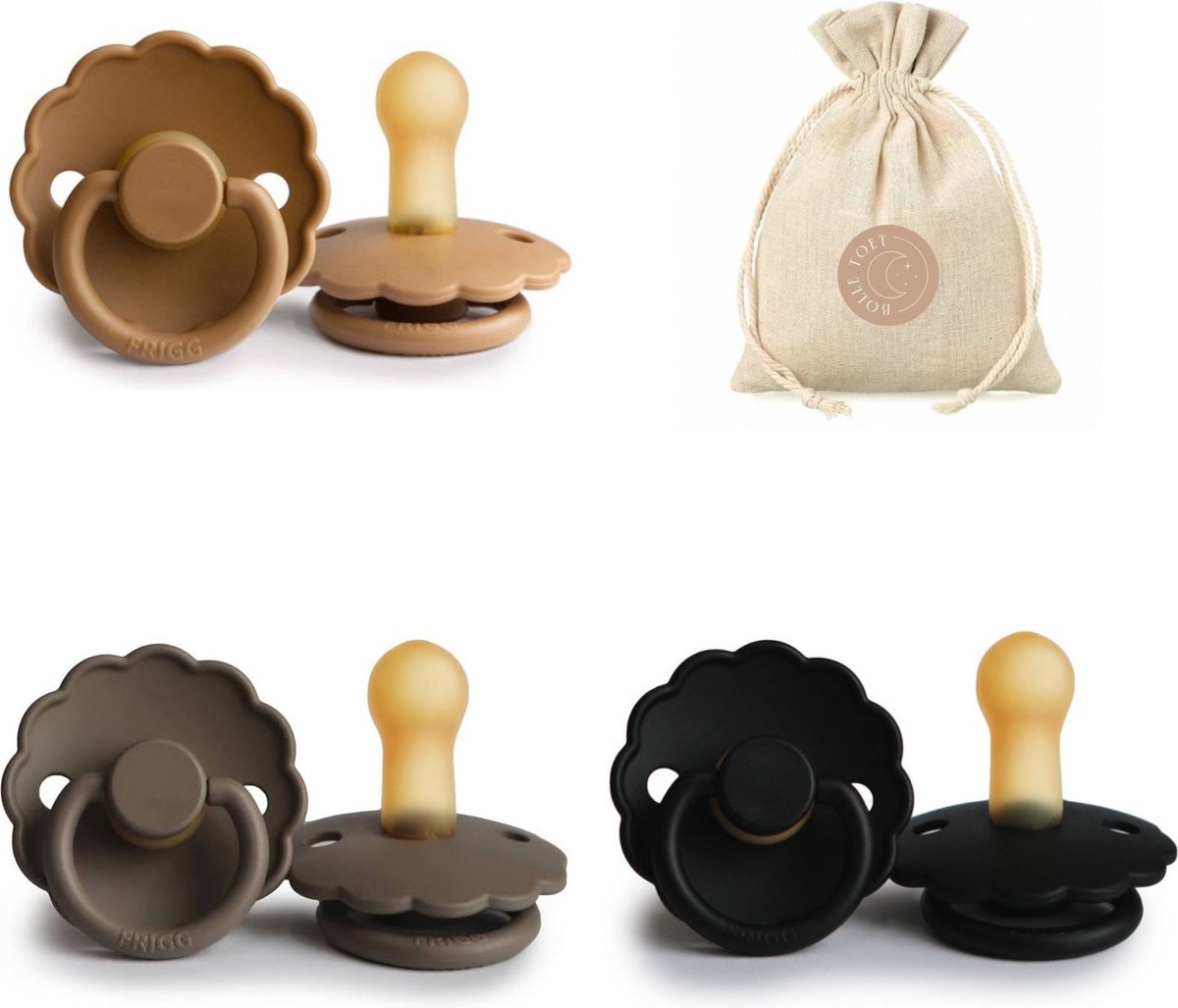 Goedkoopste FRIGG Daisy T1 - Cappuccino, Portobello en Jet Black Bolletoet speenzakje - 0-6 maanden