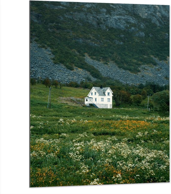 Dibond - Witte Eenzame Villa in het Dal van de Bergen - 75x100 cm Foto op Aluminium (Wanddecoratie van metaal)