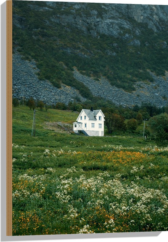 Hout - Witte Eenzame Villa in het Dal van de Bergen - 50x75 cm - 9 mm dik - Foto op Hout (Met Ophangsysteem)