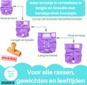 Illustratie van een paars, verstelbaar hondenbroekje in verschillende maten: smal/kort, langer/breder, smal/lang, lang/breed. Voor alle rassen.