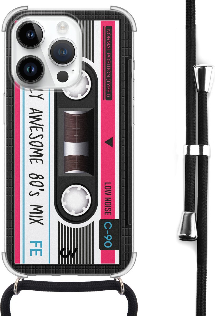 Casevibes - Telefoonhoesje met koord - Geschikt voor Apple iPhone 14 Pro - Cassette - Grijs -