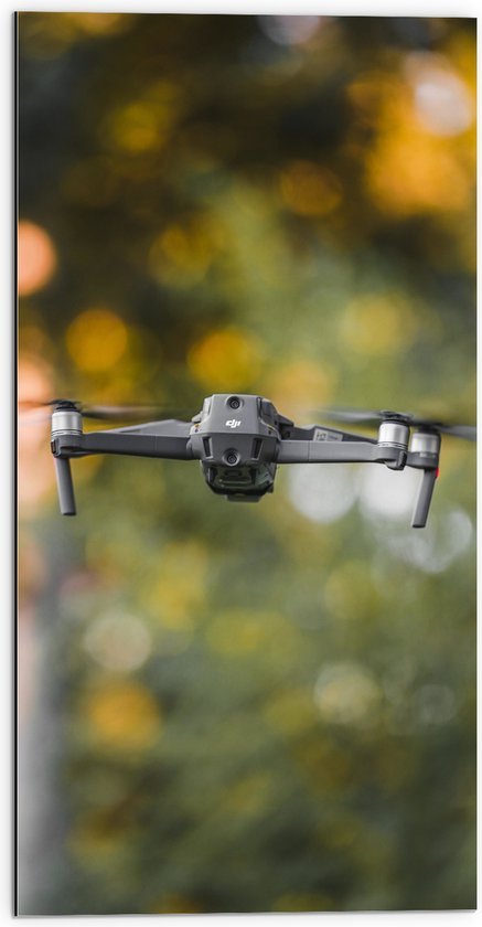 Dibond - Close-up van Grijze Vliegende Drone - 50x100 cm Foto op Aluminium (Met Ophangsysteem)