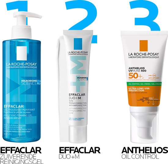 Trois produits La Roche-Posay : gel nettoyant Effaclar, Effaclar Duo+M et Anthelios Oil Control.