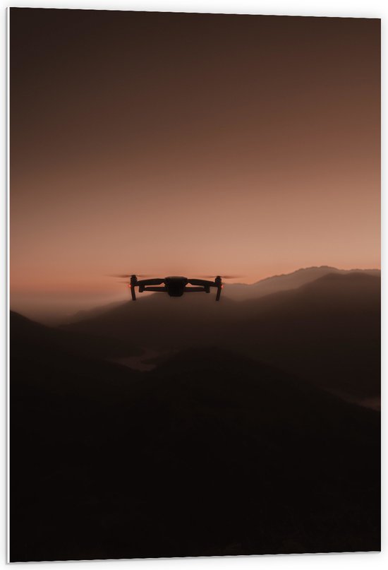 PVC Schuimplaat - Silhouet van Drone Vliegend door de Bergen - 60x90 cm Foto op PVC Schuimplaat (Met Ophangsysteem)