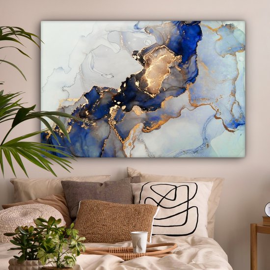 Toile Peinture Marbre - Blauw - Or - 140x90 cm - Décoration murale