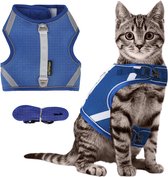 Kattentuigje, anti-ontsnappingslijn, kattenriem met tuigje voor katten, reflecterende strepen, borstharnas, verstelbaar, ademend, 150 cm kattenriem (M, blauw)