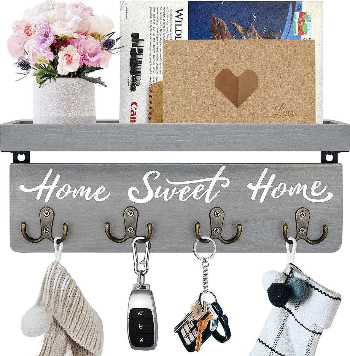 MaxEarn houten sleutelhouder met 4 dubbele haken, decoratieve sleutelhaken voor de muur met plank, houten sleutelrek wandplank sleutelkast met opbergruimte voor de gang, entree, woonkamer, zwart