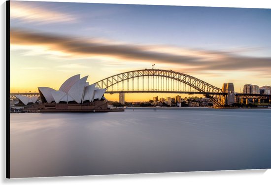 Canvas - Zonsondergang achter de Brug in Sydney, Australië - 150x100 cm Foto op Canvas Schilderij (Wanddecoratie op Canvas)