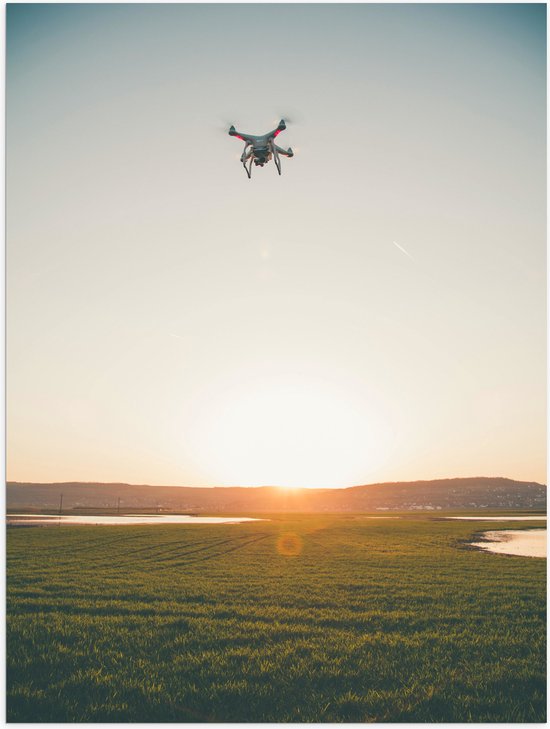 Poster Glanzend – Drone Vliegend boven Grasveld aan het Water bij Zonsondergang - 30x40 cm Foto op Posterpapier met Glanzende Afwerking