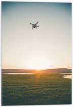 Acrylglas - Drone Vliegend boven Grasveld aan het Water bij Zonsondergang - 40x60 cm Foto op Acrylglas (Wanddecoratie op Acrylaat)