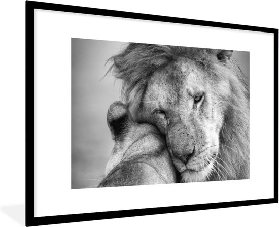 Leeuw - Zwart - Wit - Savanne - 90x60 cm - Wanddecoratie - Muurdecoratie - Foto in lijst