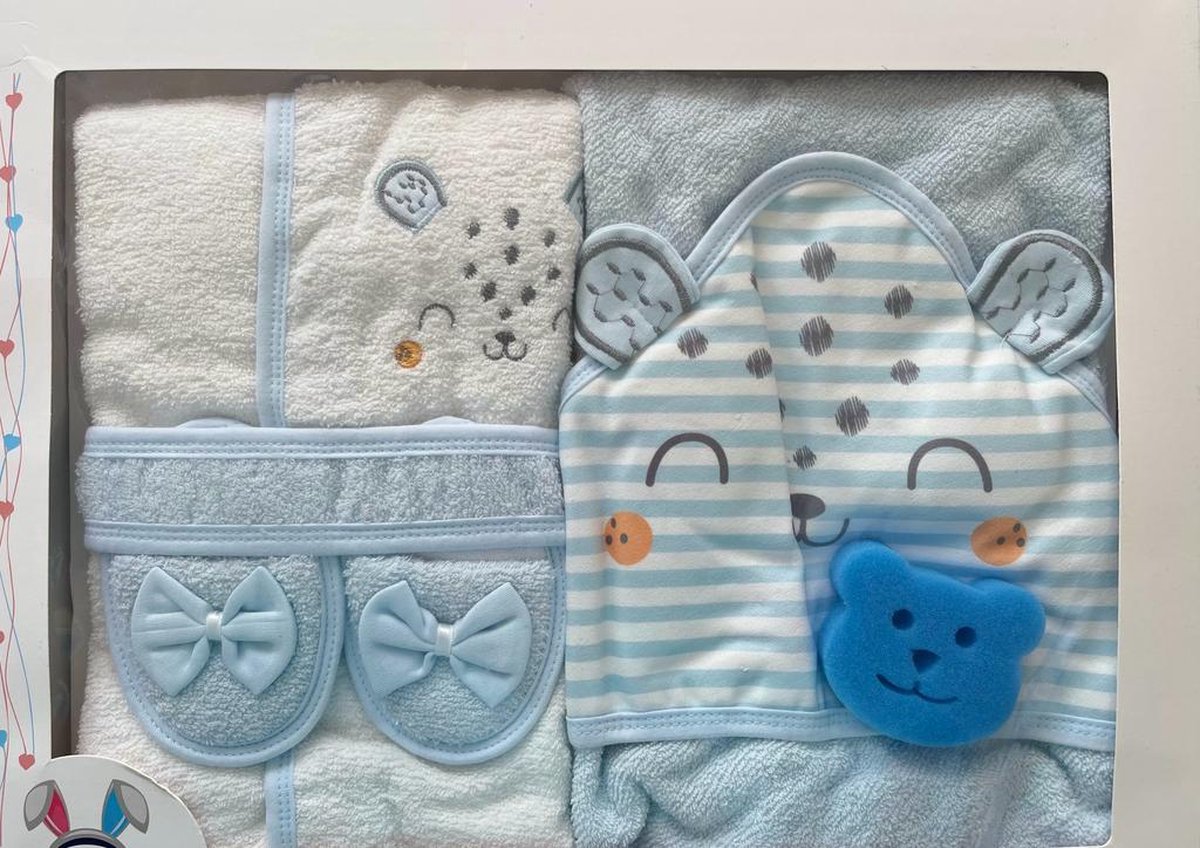 Badjas met capuchon 5-delig - badcape met capuchon voor baby - Set badjas - 100% katoen - Voor baby's van 0- 24 maanden - Oeko-tex gecertificeerd - Vos - baspons baby