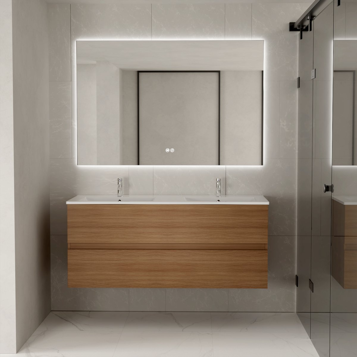 Vestland - 120 CM Eiken Badkamermeubel met wastafel en 120 x 80 CM Rechthoekige LED Badkamerspiegel - Complete Badkamermeubelset