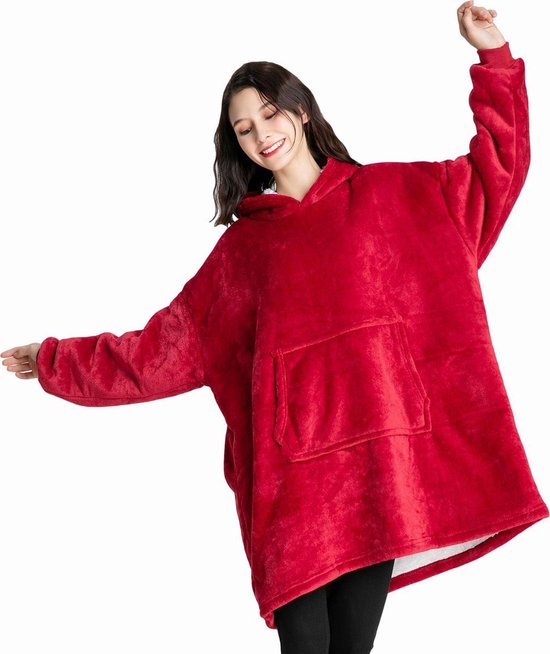 Q-Living Hoodie Deken - Snuggie - Plaid Met Mouwen - Snuggle Hoodie - Fleece Deken Met Mouwen - Hoodie Blanket - Rood