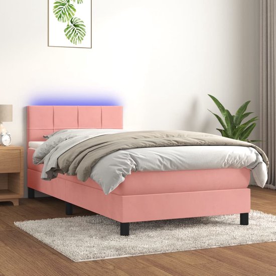The Living Store Boxspring Bed - Roze Fluweel - 203x100x78/88 cm - Verstelbaar hoofdbord - Kleurrijke LED-verlichting