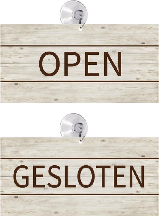 Bordje in houtlook met tekst open en gesloten. Inclusief zuignap | bol