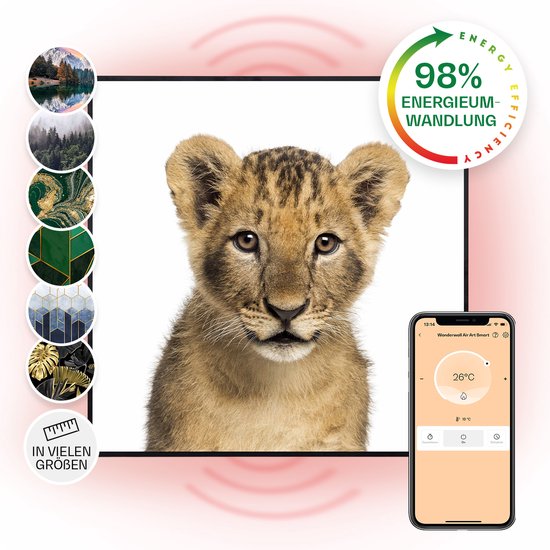 Klarstein Wonderwall Air Art Slimme Infrarood Verwarming - Warmtepaneel - 60X60Cm - 350W - 7M² - Design Front - App Controle - Geruisloos - Wandmontage - Afstandsbediening - Praktisch - Thermostaat - Weektimer - Ip44 - Motief: Leeuw - Zwart Frame