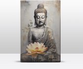 Buddha met bloemen - Mini Laqueprint - 9,6 x 14,7 cm - Niet van echt te onderscheiden handgelakt schilderijtje op hout - Mooier dan een print op canvas. - LWS514
