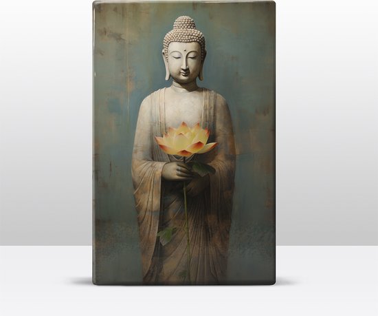 Buddha met bloemen - Mini Laqueprint - 9,6 x 14,7 cm - Niet van echt te onderscheiden handgelakt schilderijtje op hout - Mooier dan een print op canvas. - LWS530