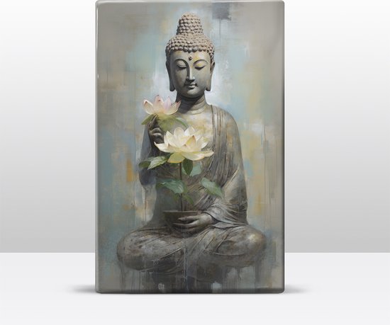 Buddha met bloemen - Mini Laqueprint - 9,6 x 14,7 cm - Niet van echt te onderscheiden handgelakt schilderijtje op hout - Mooier dan een print op canvas. - LWS509