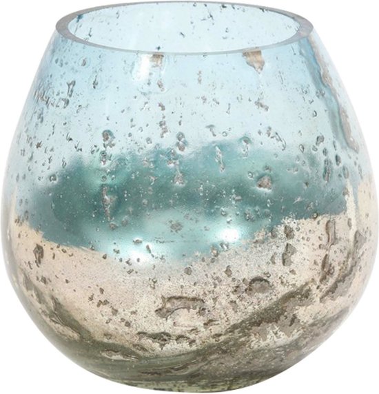 Theelicht - zilver groen/blauw - grained glas - 10x10x10cm