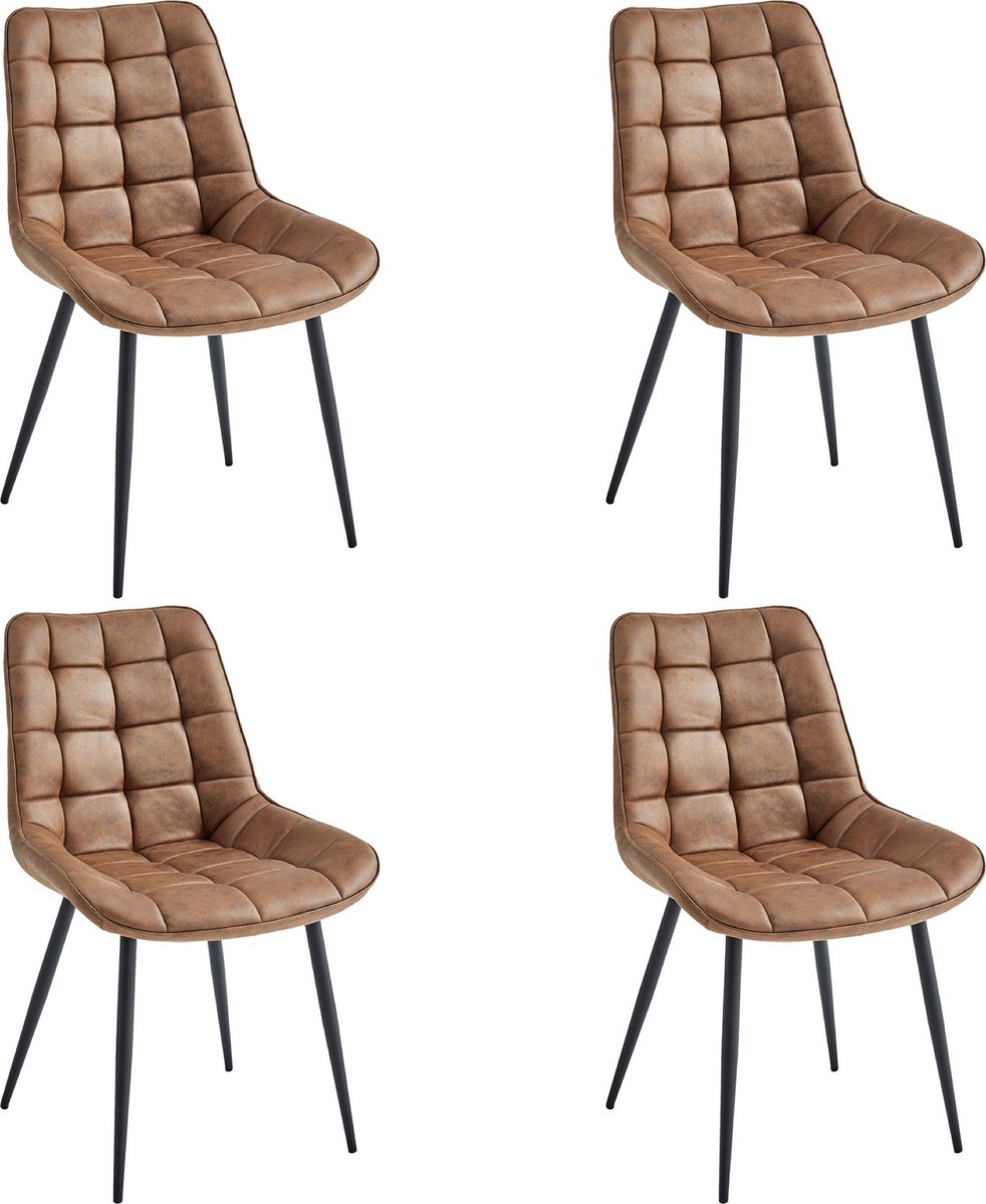 Colenis® - Quadra Eetkamerstoel - Set Van 4 - Cognac - Microfiber Stof - Industrieel