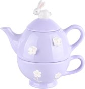 Dekoratief | Tea for one m/bunny, paars/wit, keramiek, 18x12x13cm | A220769
