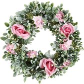 Dekoratief | Krans m/bloemen, groen/roze, naturel, 27x27x6cm | A230158