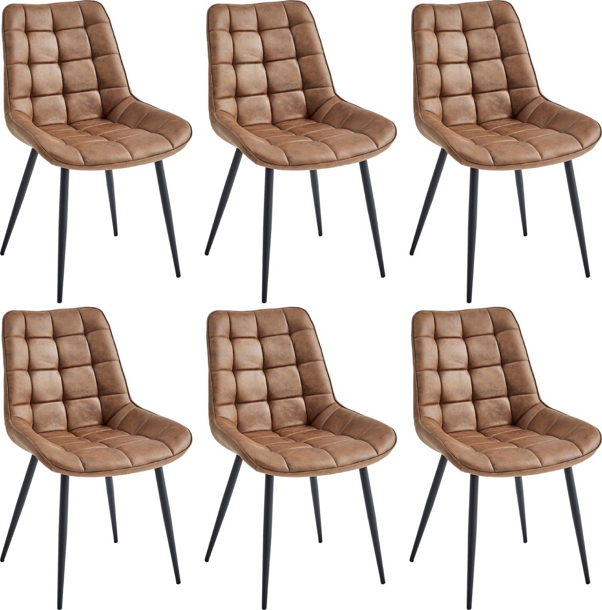 Colenis® - Quadra Eetkamerstoel - Set Van 6 - Cognac - Microfiber Stof - Industrieel