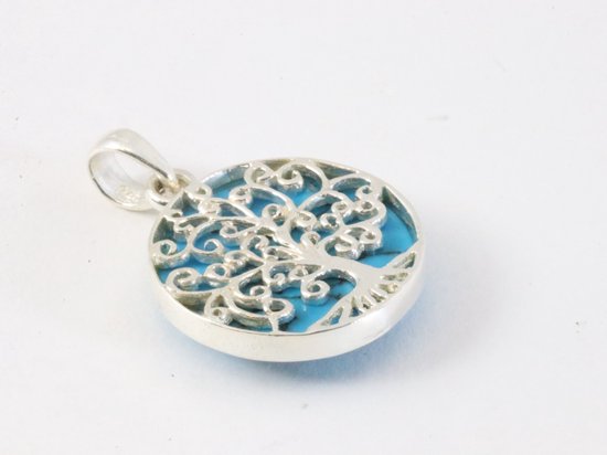 Pendentif rond en argent fin avec arbre de vie sur turquoise bleue