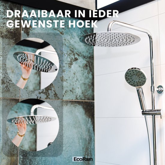 Chroom douchesysteem met ronde douchekop, draaibaar in elke hoek. Twee ingekaderde afbeeldingen tonen het kantelen.