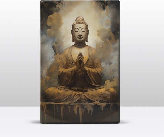 Buddha met gevouwen handen - Laqueprint - 19,5 x 30 cm - Niet van echt te onderscheiden handgelakt schilderijtje op hout - Mooier dan een print op canvas. - LW502