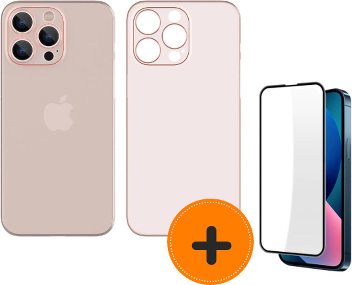 Bundel Siliconen slim fit telefoonhoesje iPhone 13 Pro inclusief screenprotector - extra bescherming - met screenprotector - Zacht roze