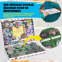 Doos met beschilderde stenen wordt door brievenbus geschoven, met stenen met fiets en egel.